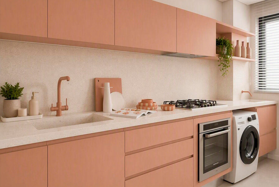 Cozinha moderna com armários rosa e eletrodomésticos