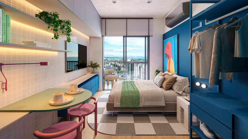 Quarto moderno e aconchegante com varanda e decoração colorida