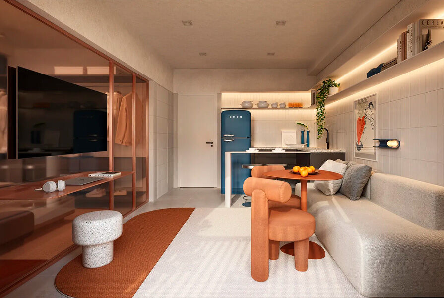 Sala de estar e cozinha em apartamento moderno
